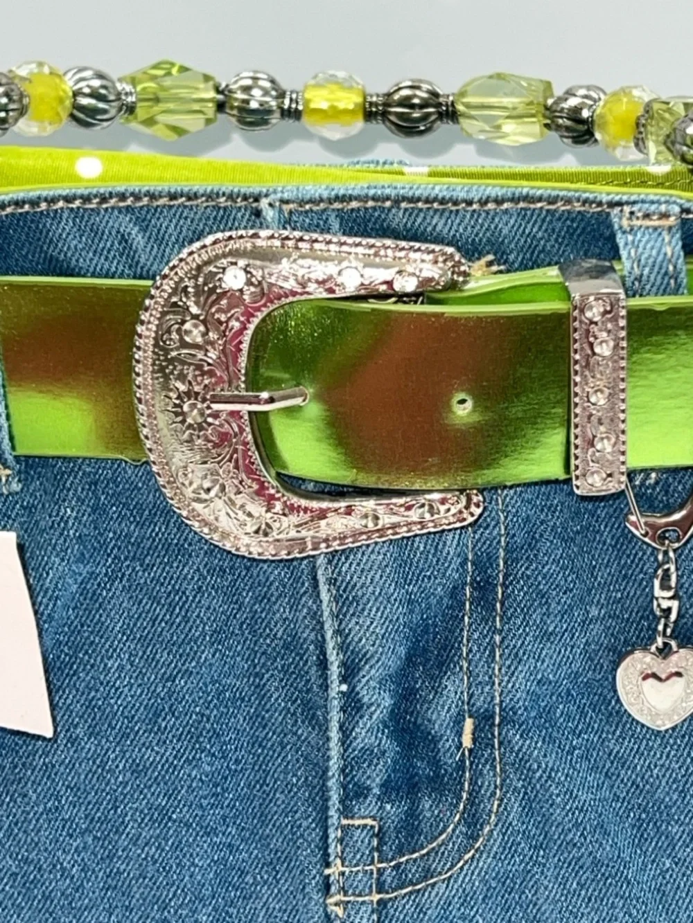 NWT MINGHAOS Denim Bag With Lime Green Belt and Beaded Handles - Picture 12 of 14